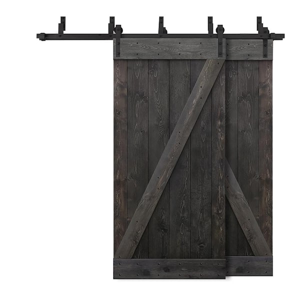 CALHOME 88 in. x 84 in. Z-Bar Bypass Charcoal Black Stained DIY Solid Wood Interior Double Sliding Barn Door with Hardware Kit