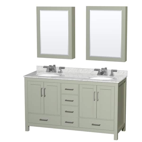 Wyndham Collection Sheffield 60 in. W x 22 in. D x 35 in. H Double Bath Vanity in Light Green with White Carrara Marble Top and MC Mirrors