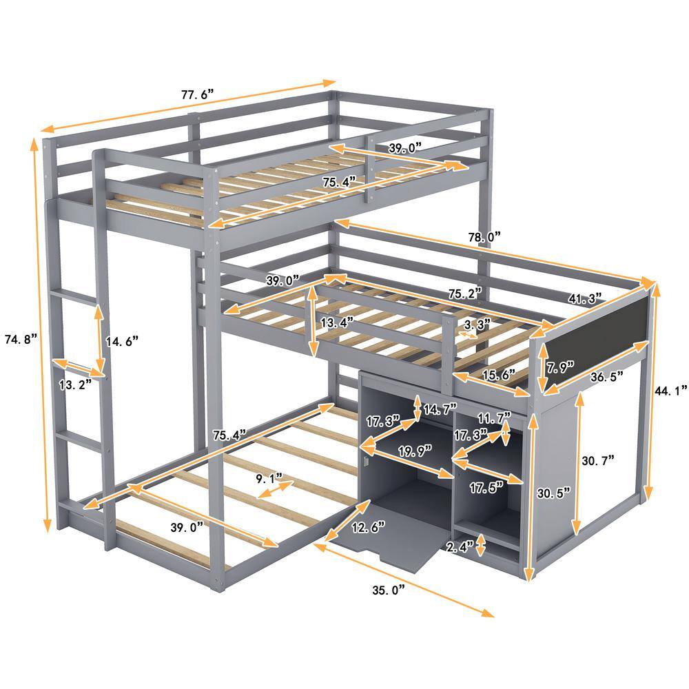 Harper & Bright Designs Gray L-Shaped Wood Triple Twin Size Bunk Bed with Blackboard, 4-Storage Cabinets and Ladder - 2