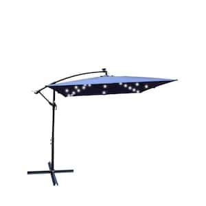 8.2 FT. x 8.2 FT. Square Patio Beach Market Solar LED Lighted Umbrella with Crank and Cross Base in Navy Blue