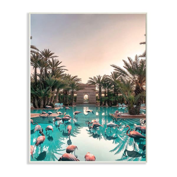 Stupell Industries "Tropical Pink Flamingo Pool Reflection Palm Trees" by Ziwei Li Unframed Architecture Wood Wall Art Print 10 in.x15 in.