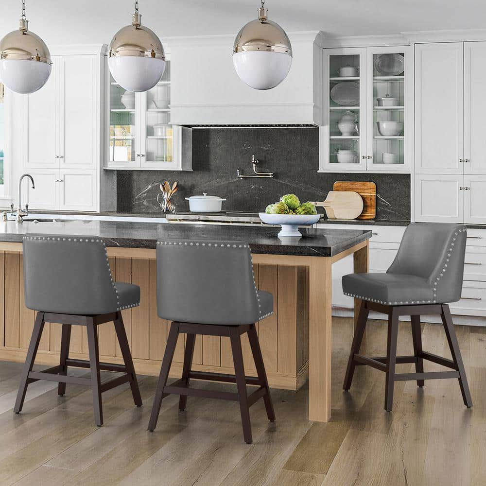 26'' Dark Gray Faux Leather Swivel Counter Stools with Wood Legs, Set of 3