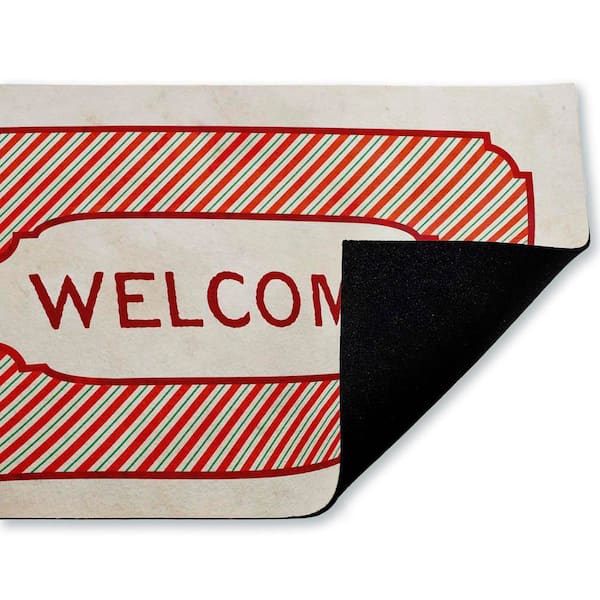 Vintage Holiday Pinstripes Welcome Red 18 in. x 30 in. Polyester Non-Slip Outdoor Door Mat
