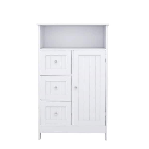 Nestfair 23.62 in. W x 11.8 in. D x 39.57 in. H White Bathroom Standing Storage Linen Cabinet with 3 Drawers and 1 Door