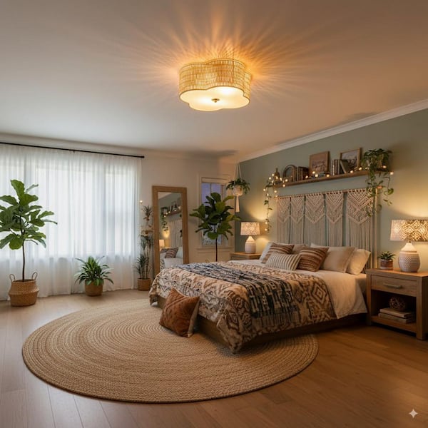 16.75 in. 2-Light Rattan Ceiling Flush Mount with Glass Bottom