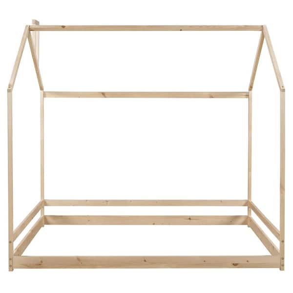 Natural Full Size Wooden House Bed House Shape Floor Bed Frame Wood House Bed for Boys and Girls