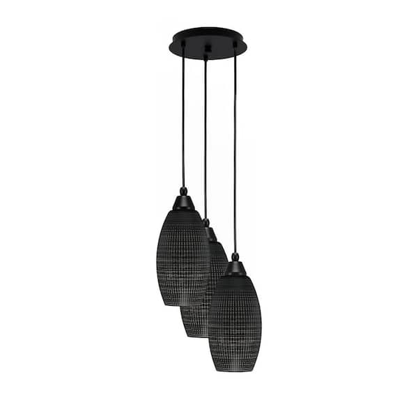 Savannah 13.25 in. 3-Light Matte Black Cord Pendant Light Black Matrix Glass Shade