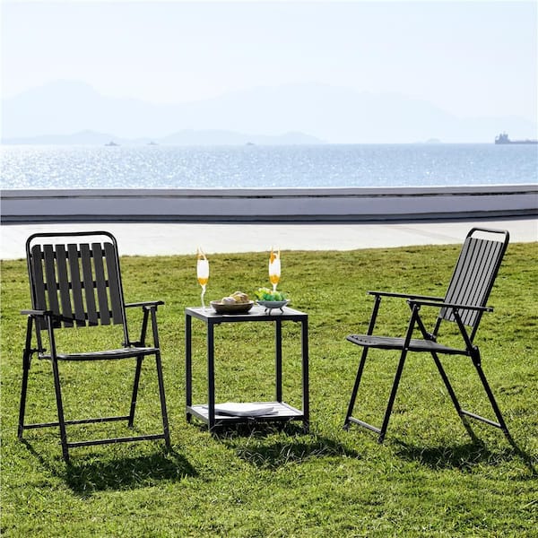 2pcs Foldable Plastic Slatted Folding Dining Chairs With Metal Frame for Garden, Patio, Porch, Balcony, Black