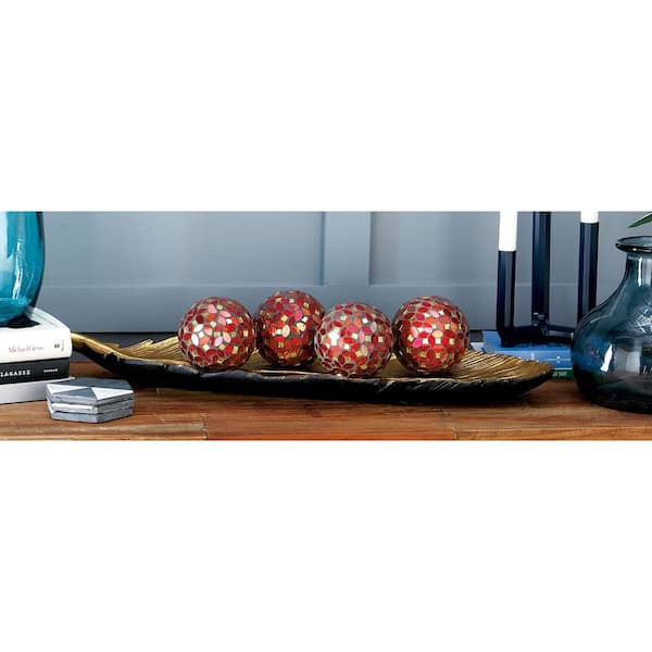 Litton Lane 4 in. Dia Gray, Red, Pink, and Gold Glass and PVC Mosaic Decorative Balls (Set of 4)