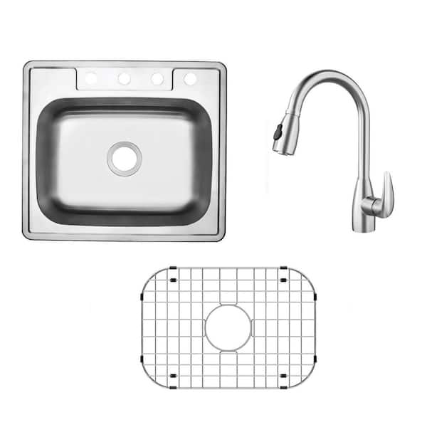 25 in. Drop-In Single Bowl 20-Gauge Stainless Steel Kitchen Sink Combo with Pull Out Sprayer Kitchen Faucet