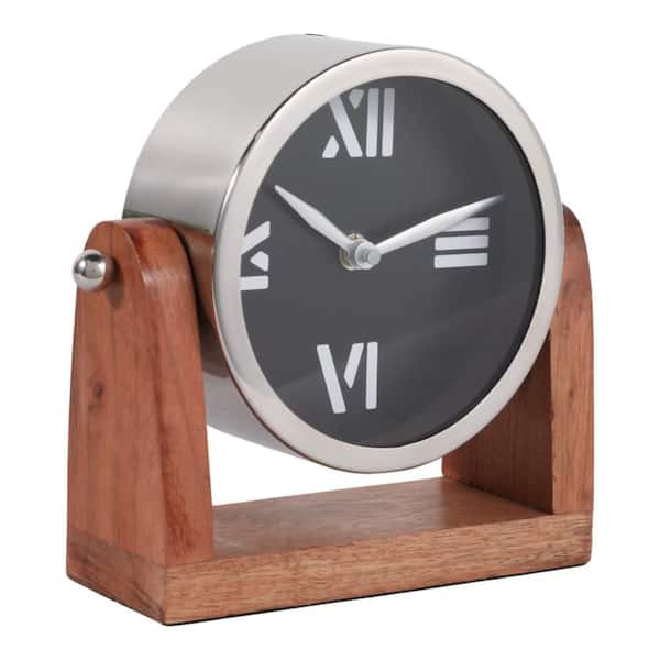 Black/Silver Metal 6.75 in. H Table Clock with Wood Base