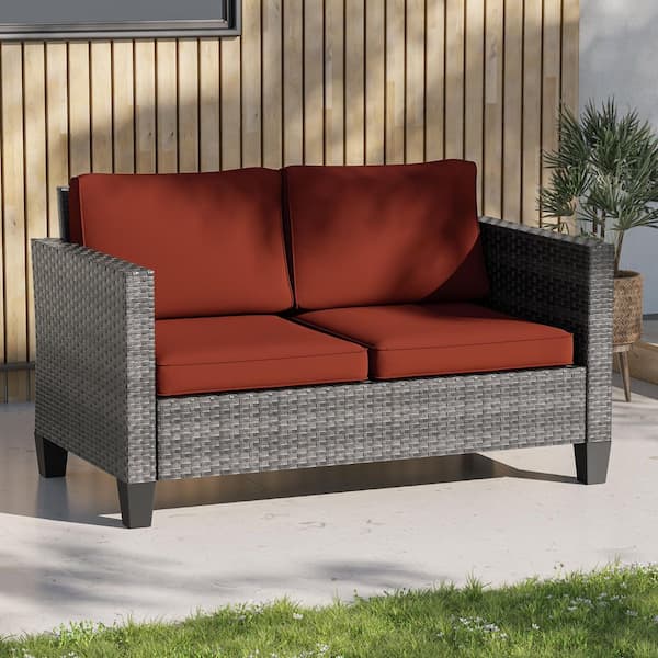 All-Weather Metal Frame Gray Wicker Outdoor Loveseat Patio Chaise Lounge with Rust Red Cushions