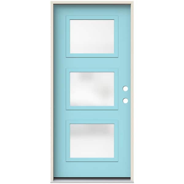 JELD-WEN 36 in. x 80 in. Left-Hand Craftsman Satin Etched Decorative Glass Blue Paint Fiberglass Prehung Front Door w/Brickmould