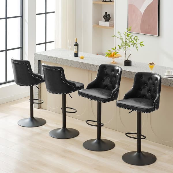 Antique Black Adjustable High Back Bar Stool with Black Metal Frame Counter Height Faux Leather Counter Stool (Set of 4)