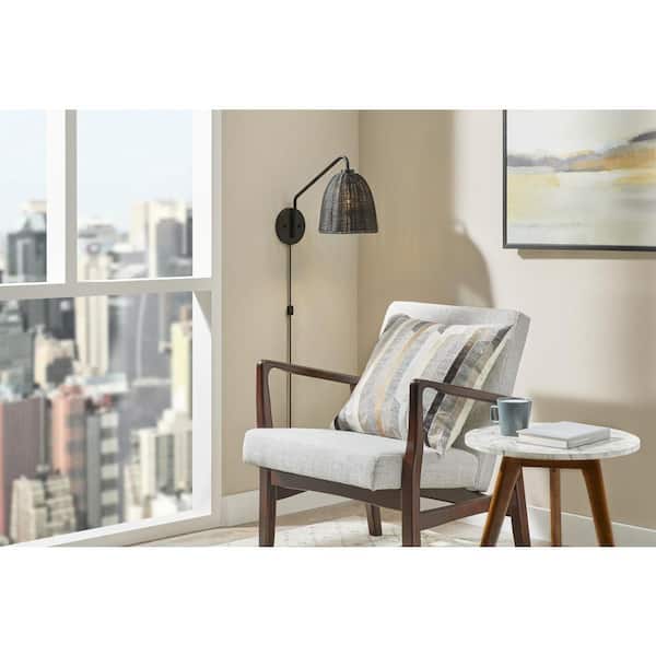 Hampton Bay Highler 1-Light Matte Black Wall Sconce with Black Rattan Shade
