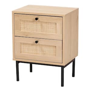 Sherwin 15.7 in. Light Brown and Black Particle Board Rectangle End Table with 2-Drawers