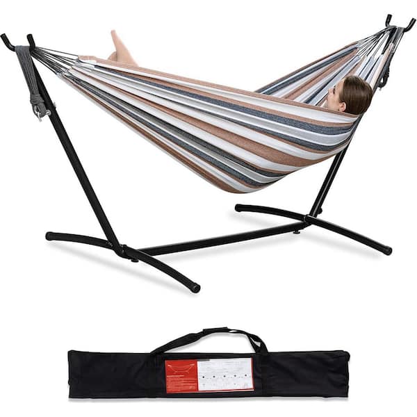 9 ft. Portable Double Hammock with Space Saving Steel Stand Included, 450lb Capacity 2 People, Coffee