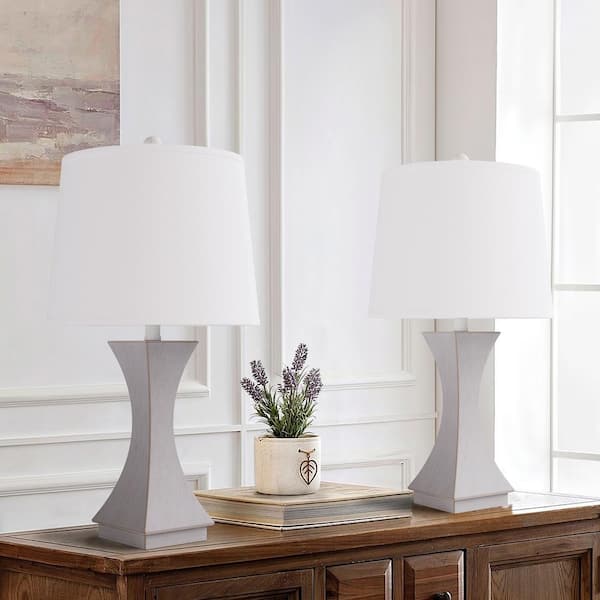 Maxax Salem 24.5 in. Gray Resin Table Lamp White Shade with USB Port (2-Pack)