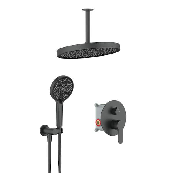 Unbranded Single Handle 2-Spray Ceiling Mount 12 in. Shower Faucet 1.8 GPM with High Pressure in Matte Black (Valve Included)