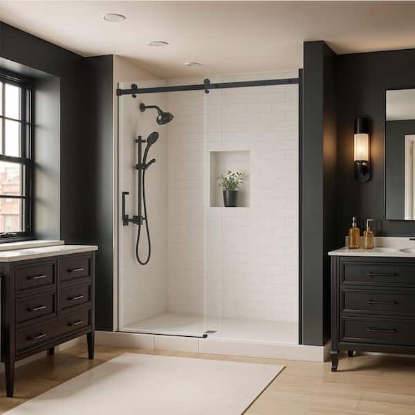 Delta Commix 54-3/8 to 60 in. W x 76 in. H Frameless Exposed Roller Sliding Shower Door in Matte Black, 5/16 in. Clear Glass