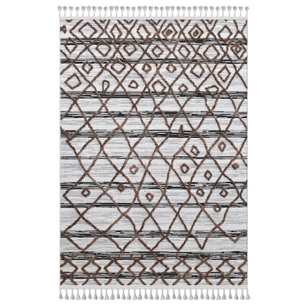 Unbranded Canyon Directions White/Black 7 ft. 10 in. x 10 ft. 1 in. Boho Striped Polyester Area Rug