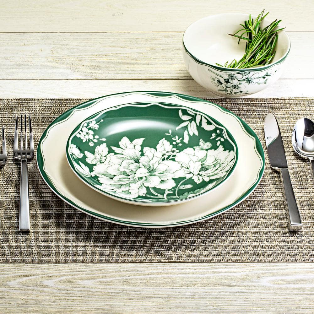 Sage and White Porcelain 12-Piece Dinnerware Set for 4