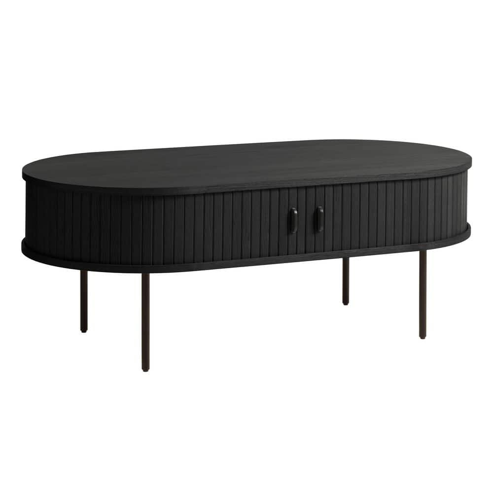 Retro Charcoal Black Oak Oval Coffee Table with Storage