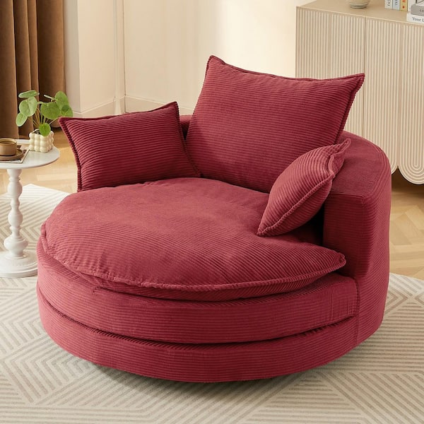 Helora Modern Red Corduroy Fabric Upholstery Swivel Round Sofa Chair Accent Barrel Arm Chair with Pillows