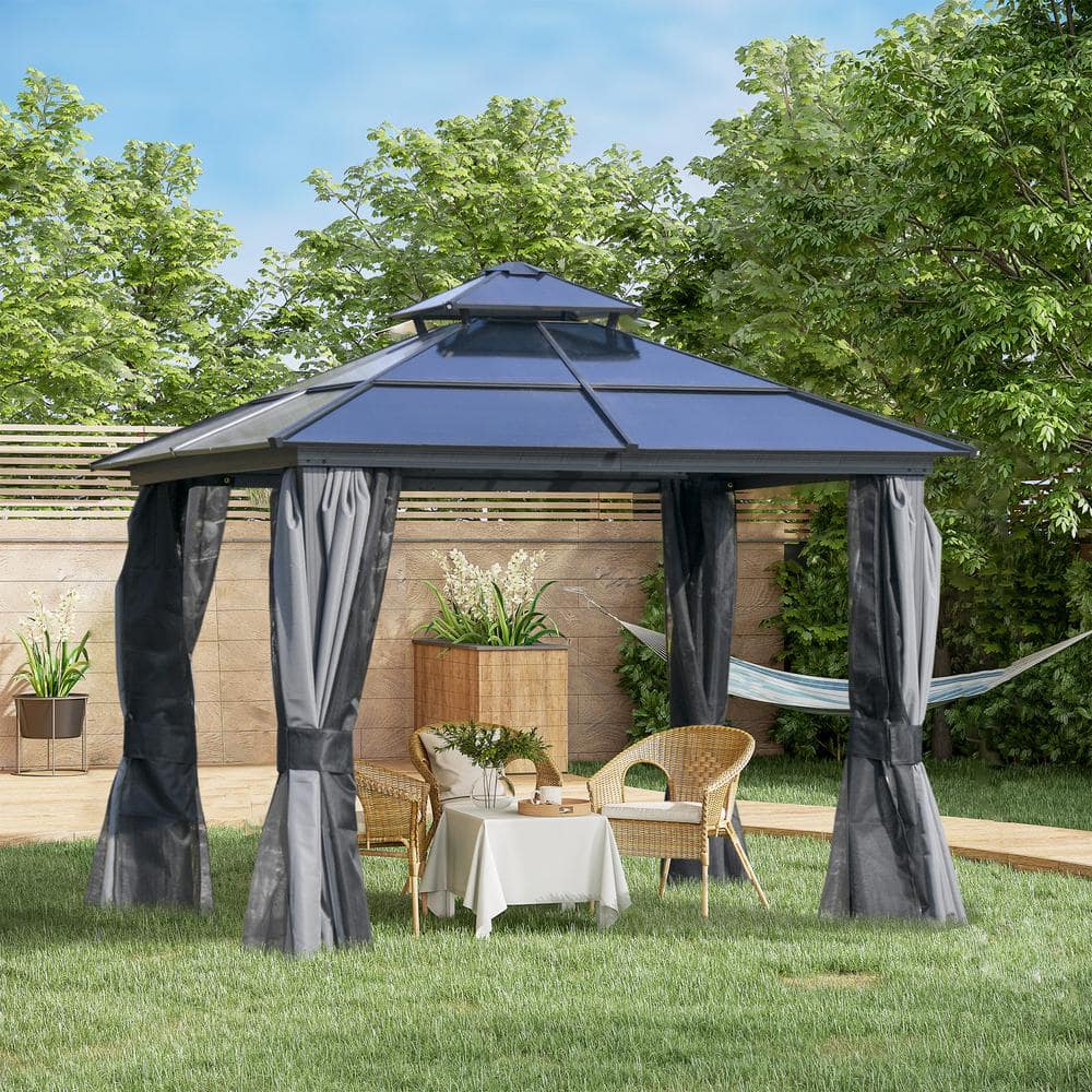 Outdoor 10 ft. x 10 ft. Dark Gray Hardtop Gazebo Canopy with Polycarbonate 