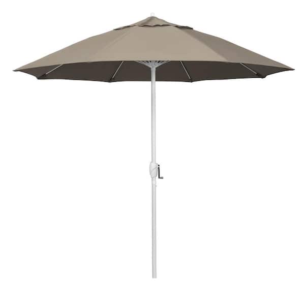 California Umbrella 9 ft. Matted White Aluminum Market Patio Umbrella Fiberglass Ribs and Auto Tilt in Taupe Sunbrella