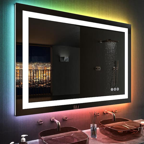 KIOTEE 48 in. W x 36 in. H Rectangular Frameless LED Frontlit, RGB Backlit Anti-Fog Tempered Glass Wall Bathroom Vanity Mirror