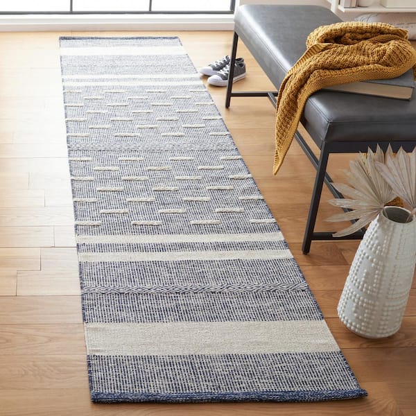 Striped Kilim Navy Ivory 2 ft. x 9 ft. Striped Runner Rug