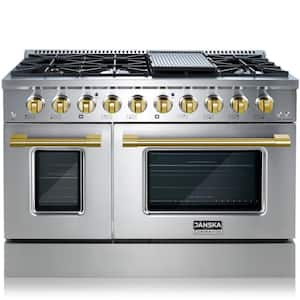 Professional 48 in. 6.7 cu. ft. 8-Burners Double Oven Gas Range w/ Griddle in Stainless Steel with Gold Knobs and Handle