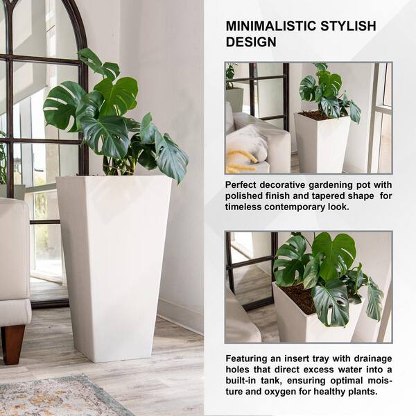 30-Inch Tall Modern Square Planter, Tapered Floor Planter for Indoor & Outdoor, Patio Decor, Set of 2, White