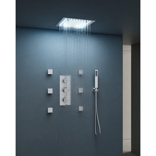 Thermostatic 5-Spray Patterns 12 in. LED Mood Lighting Shower Faucet with 6-Jets in Brushed Nickel(Valve Included)