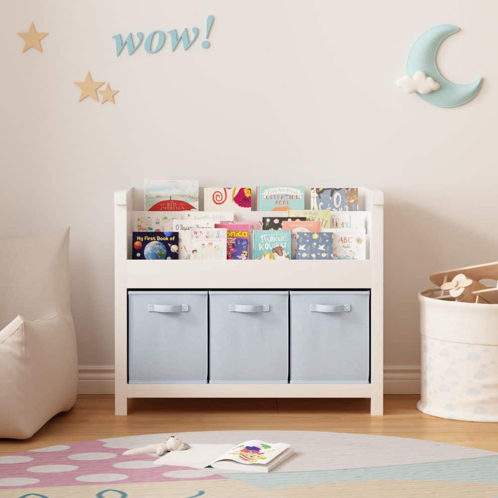 35.43 in. W White 3-Tier Front-Facing Kids Bookcase, Storage Organizer with 3 Blue Fabric Bins