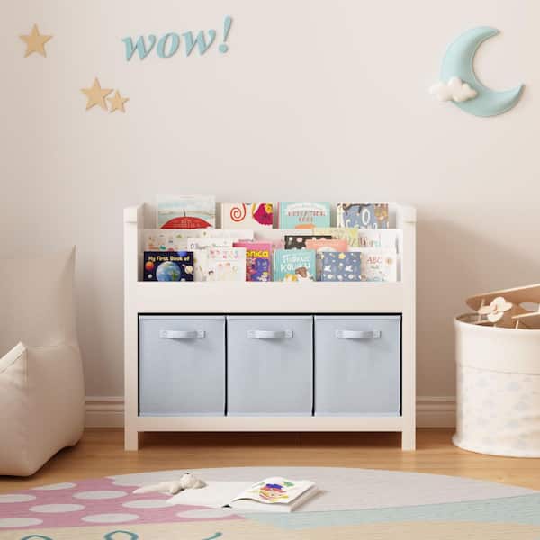 35.43 in. W White 3-Tier Front-Facing Kids Bookcase, Storage Organizer with 3 Blue Fabric Bins