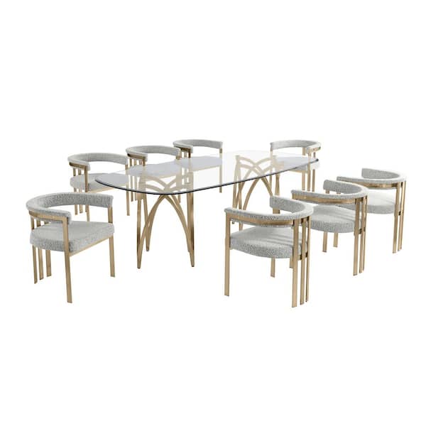 Doug 9-Piece Clear Tempered Glass Top Gold Chrome Plated Base Dining Set with 8 Rich Grey Boucle Fabric Chairs