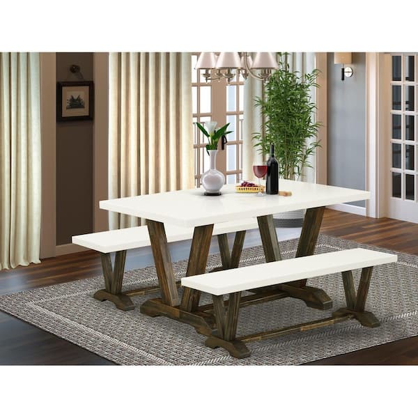 East West Furniture 3-Piece Rectangle Distressed Jacobean Finish Solid Wood Top Dining Table with 2-Benches with Backless