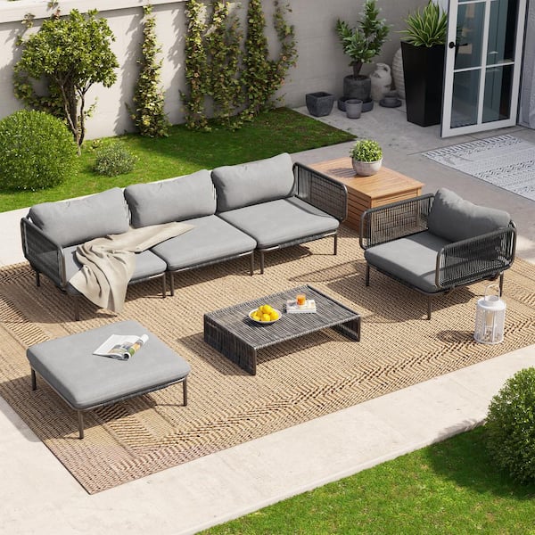 Crestlive Products 5-Piece Drawcord Metal Outdoor Sectional Set with Dark Gray Cushions