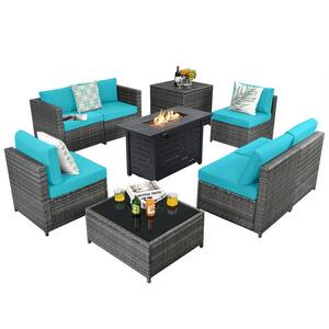9-Pieces Rattan Dinning Set Wicker Patio Conversation Set w/60000 BTU Propane Fire Pit and Turquoise Cushions