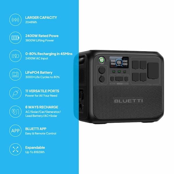 2400/3600-Watt Continuous Peak Output Power Station AC200L Push Button Start LiFePO4 Battery Solar Generator for Outdoor