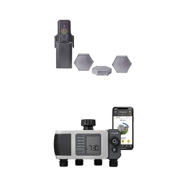 B-hyve XD Bluetooth 4-Outlet Hose Watering Timer and Smart Flood Sensor with Wi-Fi Hub Combo, 3-Pack