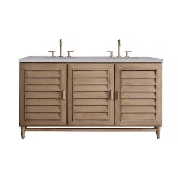 James Martin Vanities Portland 60 in. W x 23.5 in. D x 34.3 in. H Double Bath Vanity in Whitewashed Walnut with Serena Quartz Top
