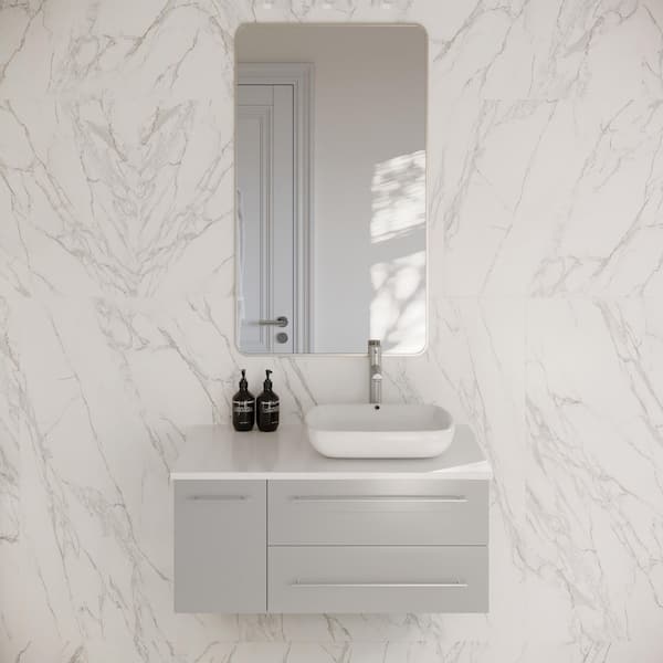 Fresca Lucera 36 in. Single Sink Wall Mount Gray Bath Vanity with White Quartz Top and Vessel Sink - Right Version