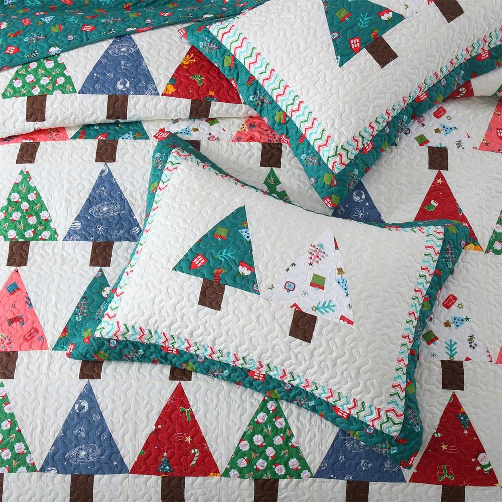 Blue Christmas Patchwork Cotton Queen Quilt Set