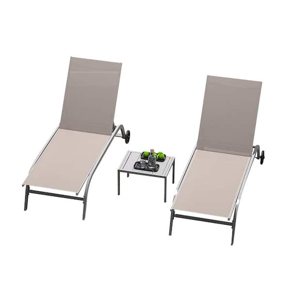 Flynama Adjustable Aluminum Outdoor Lounge Chair with 1-Pack Table and Wheels for Beach Yard Balcony Turquoise Khaki (Set of 2)