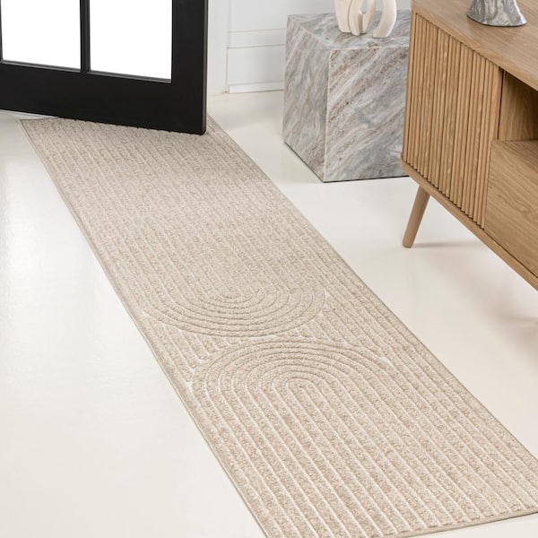 Sofia High-Low MidCentury Modern Arch Stripe 2-Tone Beige/Cream 2 ft. x 8 ft. Indoor/Outdoor Runner Rug