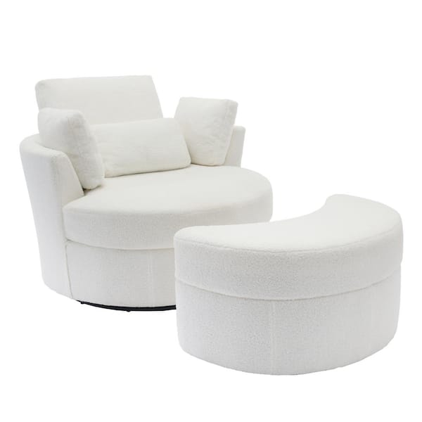 Uixe Ivory Boucle Polyester Upholstered Swivel Accent Barrel Chair
