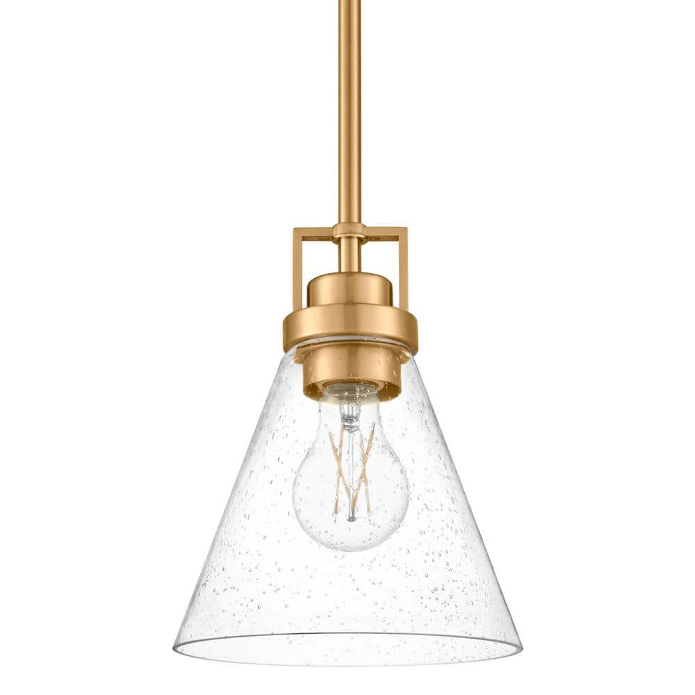 Home Decorators Collection Clermont 1-Light Satin Brass Shaded Pendant with Seeded Glass Shade